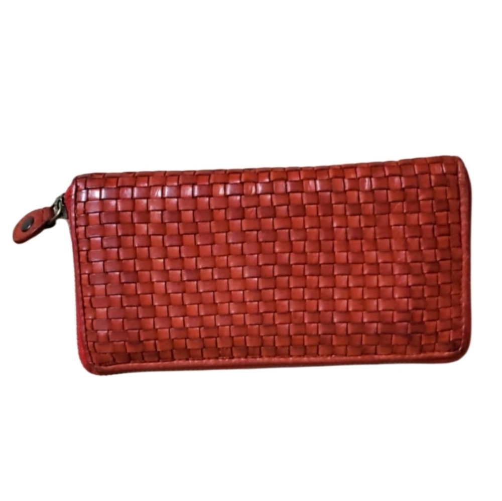 Ashwood Woven Genuine Red Leather Zip Around Wallet 7” x 4” / 17 Card Holder.